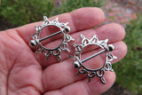 Silver Ornate Sun 14G or 16G Nipple Shields Pair