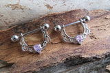 Silver Purple Crystal Gems 14G or 16G Feminine Nipple Shields Pair Set