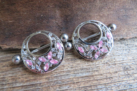 Silver Butterfly Flower Pink Crystal Gems 14G or 16G Feminine Nipple Shields Pair Set