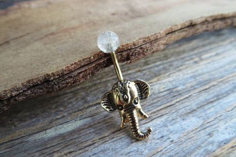 Rutile Quartz Natural Stone Elephant Ganesh Belly Ring Piercing 14g (1.6mm) Piercing