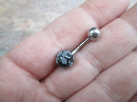 Custom Lengths 8mm Snowflake Obsidian Natural Stone Belly Ring 14g (1.6mm) Piercing Gold Rose Gold