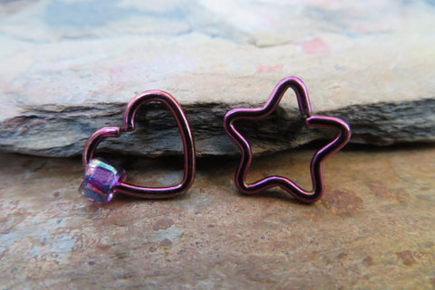 Purple Set of Two 100% Surgical Steel Heart & Star Daith 16G (1.2mm) Piercing Left or Right Lot of 2