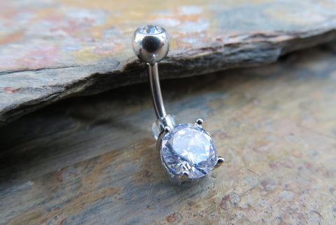 Silver Ion Plated Round Zirconia Belly Ring 14g (1.6mm) Piercing