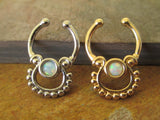 Boho White Fire Opal Silver IP Faux Fake Septum Non Piercing