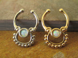 Boho Gold IP White Fire Opal Silver IP Faux Fake Septum Non Piercing