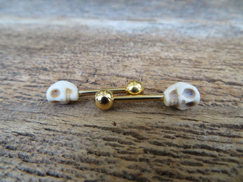 Set of 2 Gold IP Natural Howlite Skull Surgical Steel Barbell Nipple Piercings 14G (1.6mm) Pair of Two