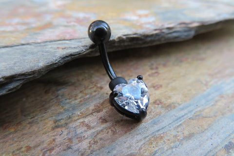 Black Ion Plated Heart Zirconia Belly Ring 14g (1.6mm) Piercing