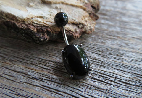 Black Obsidian Natural Oval Stone with Matching Stone Top Belly Ring 14G (1.6mm) Piercing