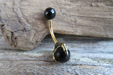 Black Obsidian Golden Claw Natural Stone Belly Ring 14g (1.6mm) Piercing