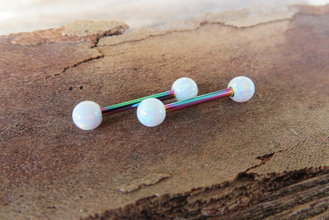 14G Rainbow Ion Plated White Opal Surgical Steel Nipple Tongue Ring Barbell 14G (1.6mm) Piercing