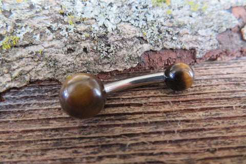 THICK 12G or 10G Tiger Eye Natural Stone Belly Ring Curve 12G (2.0mm) 10G (2.5mm) VCH Piercing 6mm & 8mm Balls