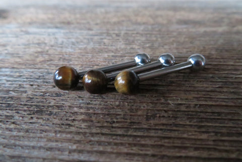 12G THICK Tiger Eye Natural Stone Barbell Tongue Ring 12G (2.0mm) Piercing