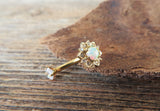 Floating Gold IP Minimalist Custom Lengths Opal Crystal Flower Gems Belly Ring 14g Internally Threaded Piercing 14K Gold Plated