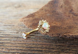 Floating Silver IP Minimalist Custom Lengths Opal Crystal Flower Gems Belly Ring 14g VCH Internally Threaded Piercing 14K Gold Plated