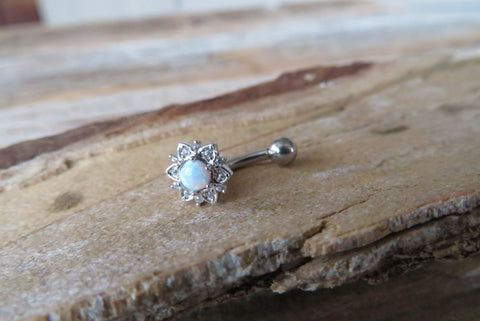 Floating Silver IP Minimalist Custom Lengths Opal Crystal Flower Gems Belly Ring 14g VCH Internally Threaded Piercing