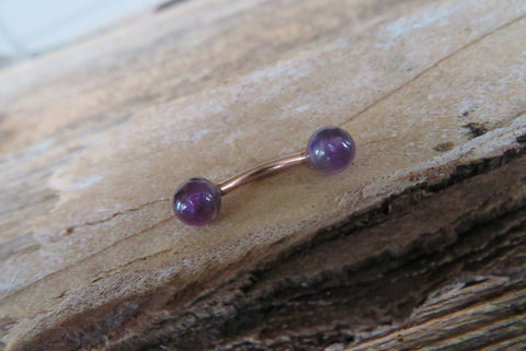 Minimalist Rose Gold IP Petite Amethyst Natural 5mm Stone Belly Ring Curve 14G (1.6mm) Piercing