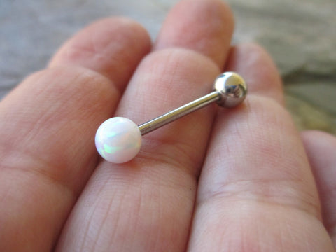 White Fire Opal 100% Surgical Steel Stone Barbell Tongue Ring 14G (1.6mm) Piercing Custom Lengths