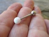 White Fire Opal 100% Surgical Steel Internally Threaded Barbell Tongue Ring 14G (1.6mm) Piercing Custom Lengths