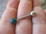 Navy-Blue Green Fire Opal 100% Surgical Steel Stone Barbell Tongue Ring 14G (1.6mm) Piercing Custom Lengths