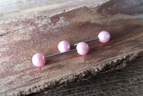 14G Pink Pearl Surgical Steel Pearl Nipple Piercing Set Pair