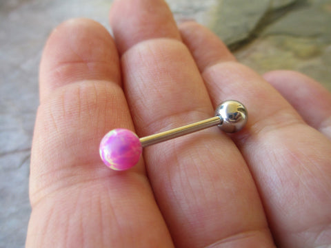 Pink Fire Opal 100% Surgical Steel Stone Barbell Tongue Ring 14G (1.6mm) Piercing Custom Lengths