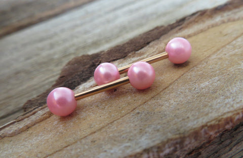 14G Bubblegum Pink Pearl Rose Gold Ion Plated Surgical Steel Pearl Nipple Piercing Set Pair