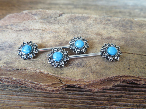 Pair of Turquoise Howlite Natural Stone Sun Barbell Nipple Ring 14G (1.6mm) Piercing Set of Two