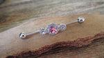 Pink Gems Custom Lengths Crystal Silver Ion Plated Triple Sun Surgical Steel 316L Barbell Industrial Small Balls 14G (1.6mm) Piercing