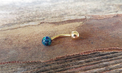 Gold IP Navy-Blue Green Fire Opal Floating Belly Ring 14G (1.6mm) VCH Piercing Minimalist Petite