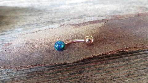 Rose Gold IP Navy-Blue Green Fire Opal Floating Belly Ring 14G (1.6mm) VCH Piercing Minimalist Petite