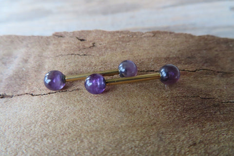 Minimalist Gold IP Surgical Steel Amethyst Natural 5mm Stone Barbell Nipple Rings Industrial 14G (1.6mm) Piercing