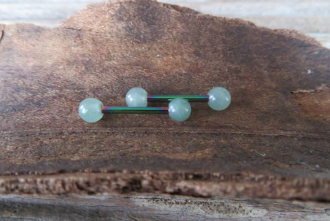 Rainbow Minimalist Green Aventurine Natural 5mm Stone Barbell Nipple Rings Industrial 14G (1.6mm) Piercing