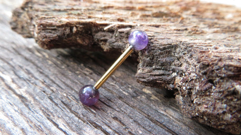 Gold IP Amethyst Minimalist 5mm Natural Stone Barbell Nipple Ring Tongue Ring 14g (1.6mm) Piercing