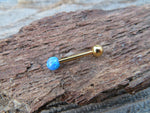 Gold IP Blue Fire Opal 100% Surgical Steel Stone Barbell Tongue Ring 14G (1.6mm) Piercing Custom Lengths