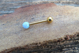 Gold IP Light Blue Fire Opal 100% Surgical Steel Stone Barbell Tongue Ring 14G (1.6mm) Piercing Custom Lengths