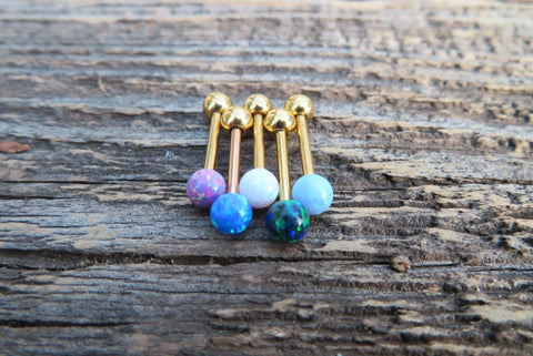 Gold IP Navy-Blue Green Fire Opal 100% Surgical Steel Stone Barbell Tongue Ring 14G (1.6mm) Piercing Custom Lengths