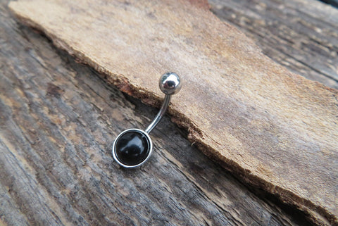 Black Obsidian Minimalist 6mm or 8mm Natural Stone 100% Surgical Steel Belly Ring 14g (1.6mm)