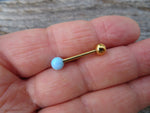 Gold IP Light Blue Fire Opal 100% Surgical Steel Stone Barbell Tongue Ring 14G (1.6mm) Piercing Custom Lengths