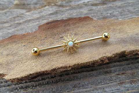 Opal Gold Ion Plated Custom Lengths Spiked Sun Surgical Steel 316L Barbell Industrial Small Balls 14G (1.6mm) Piercing 32mm 35mm 38mm