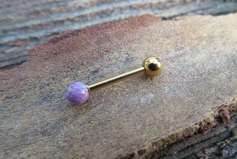 Gold IP Lavender Purple Fire Opal 100% Surgical Steel Stone Barbell Tongue Ring 14G (1.6mm) Piercing Custom Lengths