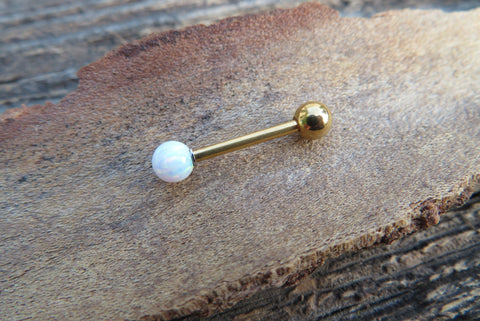 Gold IP White Fire Opal 100% Surgical Steel Stone Barbell Tongue Ring 14G (1.6mm) Piercing Custom Lengths