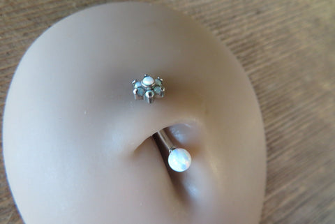 White Opal Floating Minimalist Petite Custom Lengths Flower Belly Ring 14g VCH Internally Threaded Piercing Custom Lengths