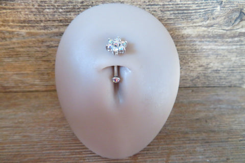 Floating Aurora Borealis Minimalist Custom Lengths Crystal Flower Gems Belly Ring 14g VCH Internally Threaded Piercing