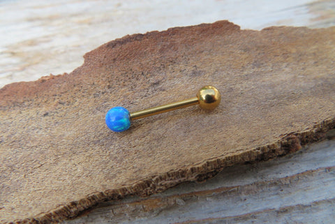 Gold IP Blue Fire Opal 100% Surgical Steel Stone Barbell Tongue Ring 14G (1.6mm) Piercing Custom Lengths