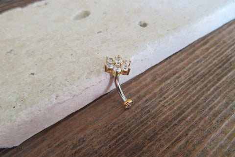 Floating 14K Gold Plated Minimalist Custom Lengths Crystal Flower Gems Belly Ring 14g VCH Internally Threaded Piercing