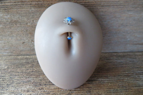 Floating Silver IP Blue Opal Minimalist Custom Lengths Opal Crystal Flower Gems Belly Ring 14g VCH Internally Threaded Piercing