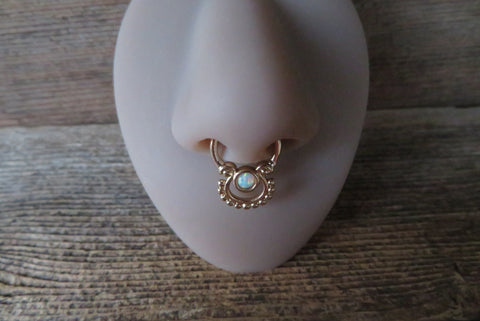 Boho Gold IP White Fire Opal Silver IP Faux Fake Septum Non Piercing